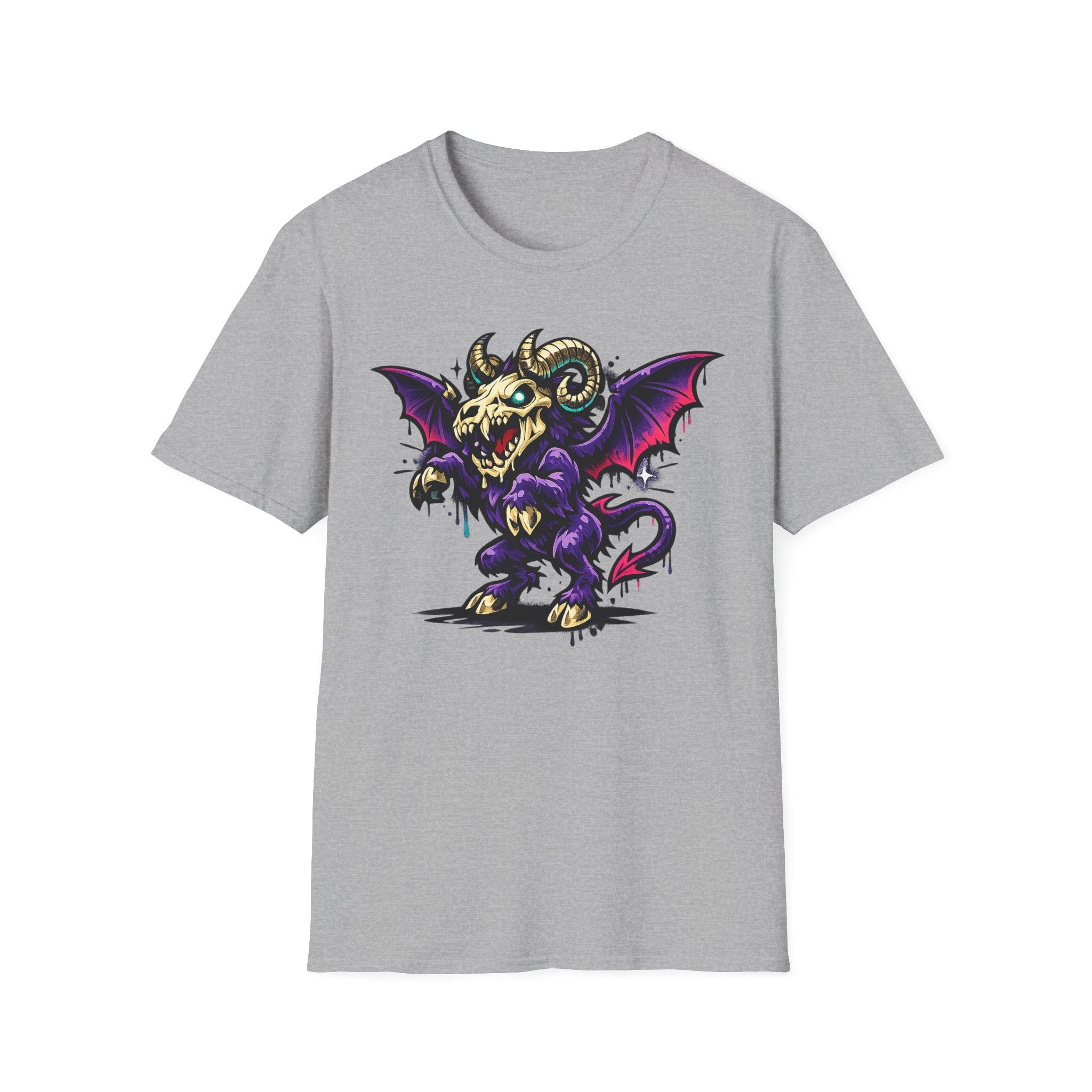 Sport grey short-sleeve t-shirt with purple bat-winged ram skull monster front graphic