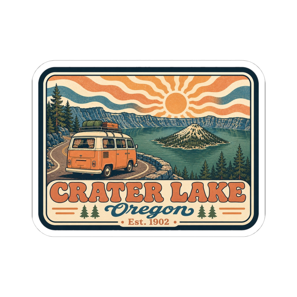 Kiss-cut sticker showing orange camper van, pine trees, and Crater Lake Oregon title