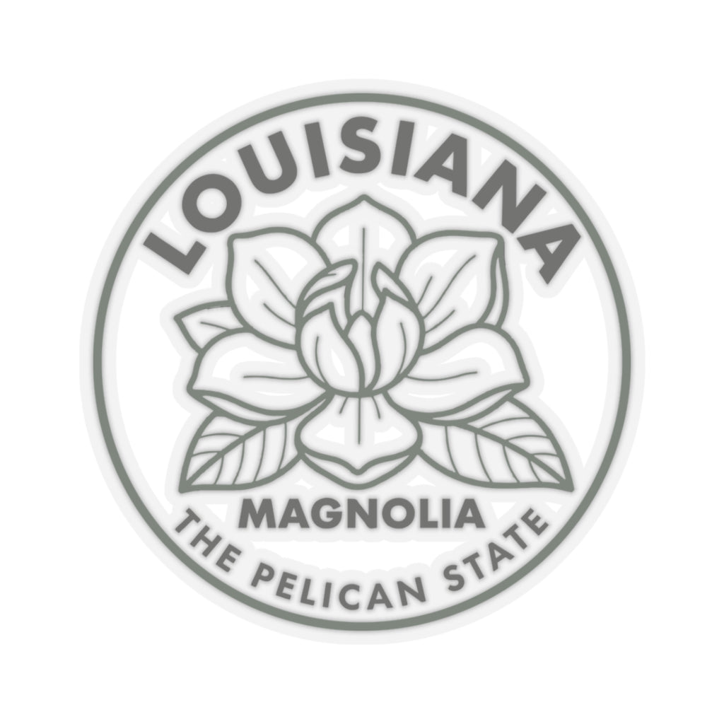Transparent vinyl round Louisiana magnolia sticker decal with gray flower outline and text ring