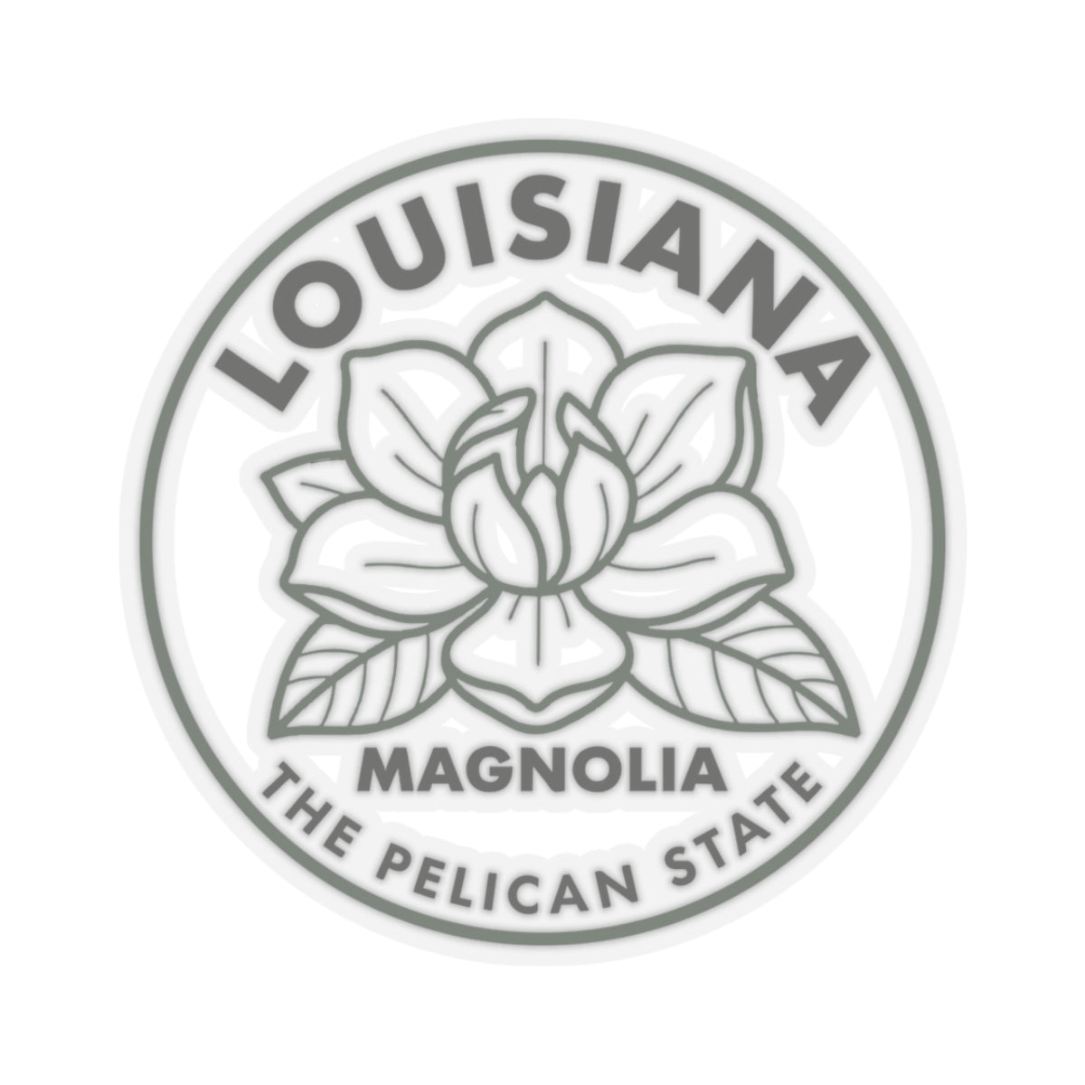 Transparent vinyl round Louisiana magnolia sticker decal with gray flower outline and text ring