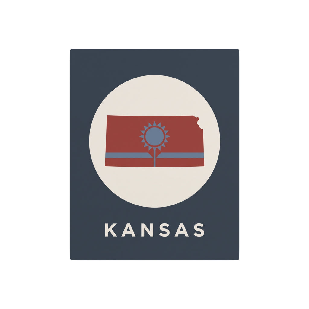 Kansas metal wall sign with circular flag tree graphic and KANSAS lettering