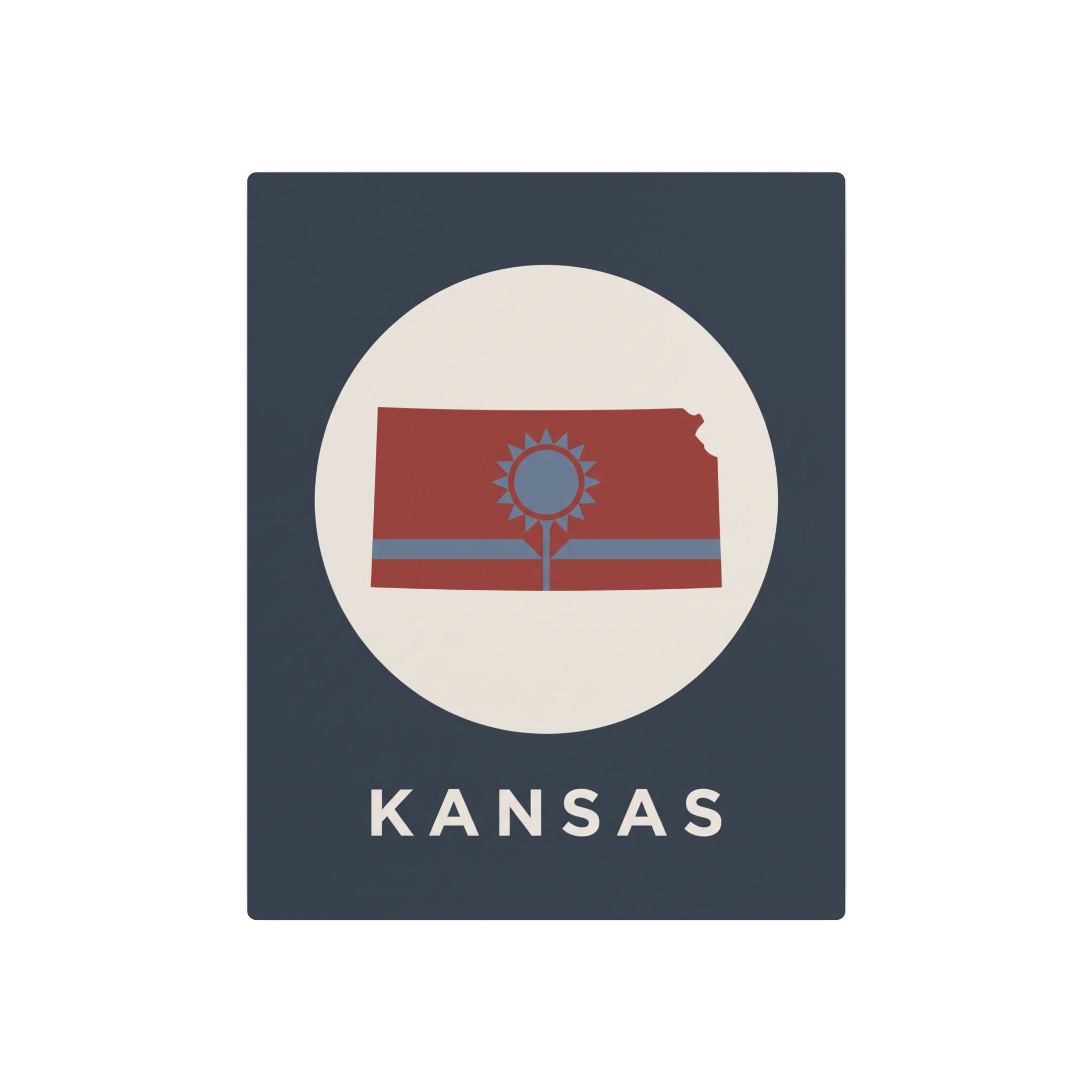 Kansas metal wall sign with circular flag tree graphic and KANSAS lettering