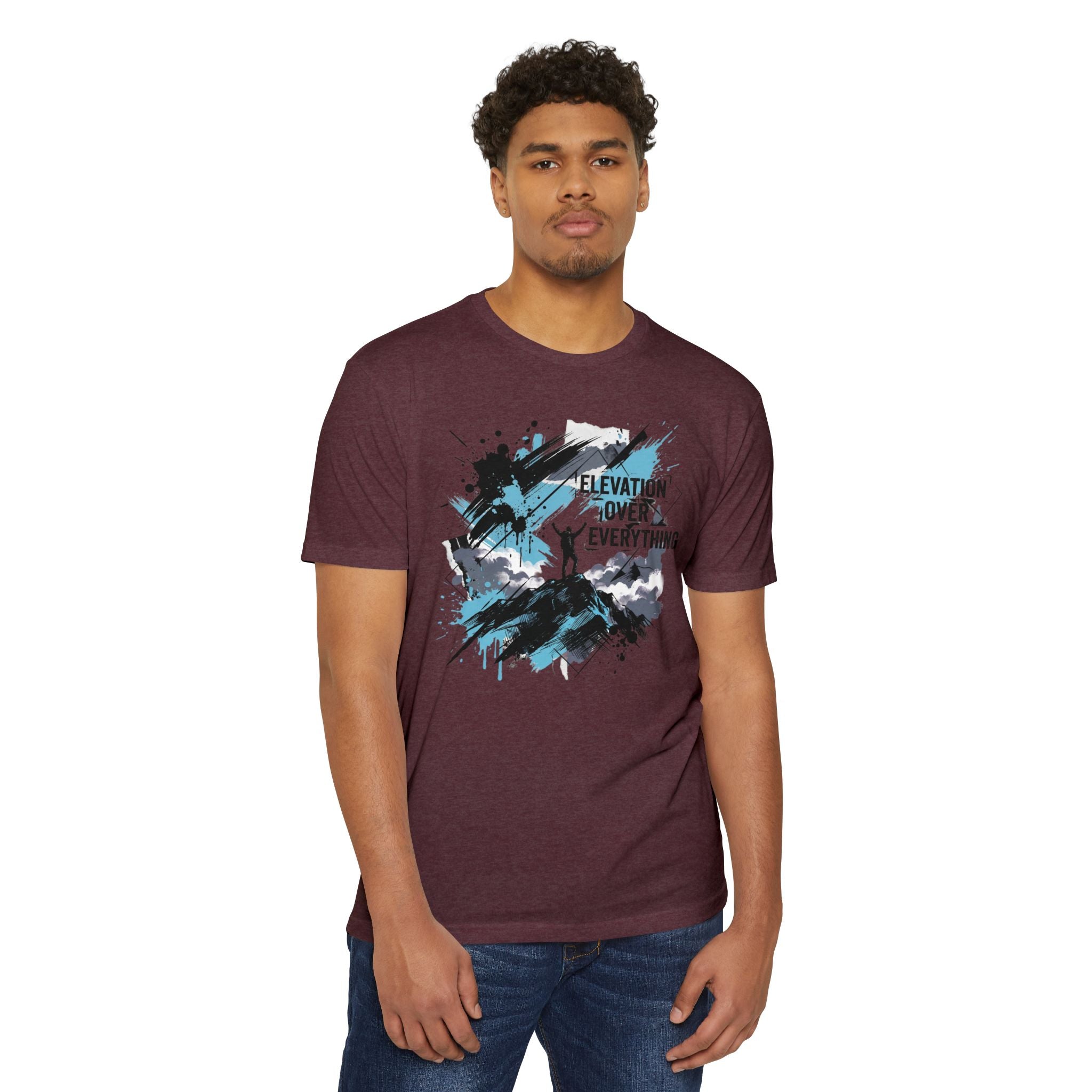 Maroon unisex T-shirt with blue and white mountain elevation graphic on front, crew neck.