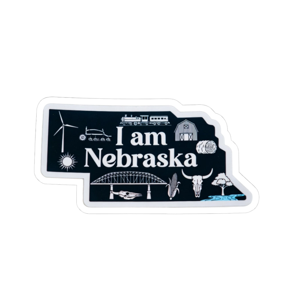 Blue 'I am Nebraska' sticker with white border and state icons