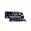 Blue 'I am Nebraska' sticker with white border and state icons