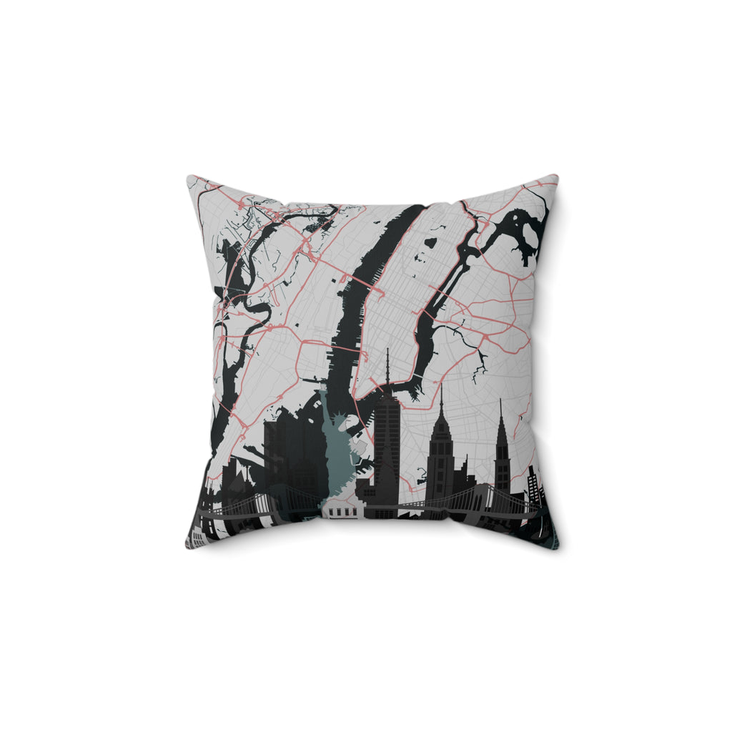 Manhattan skyline map cushion with dark buildings and red street lines on gray