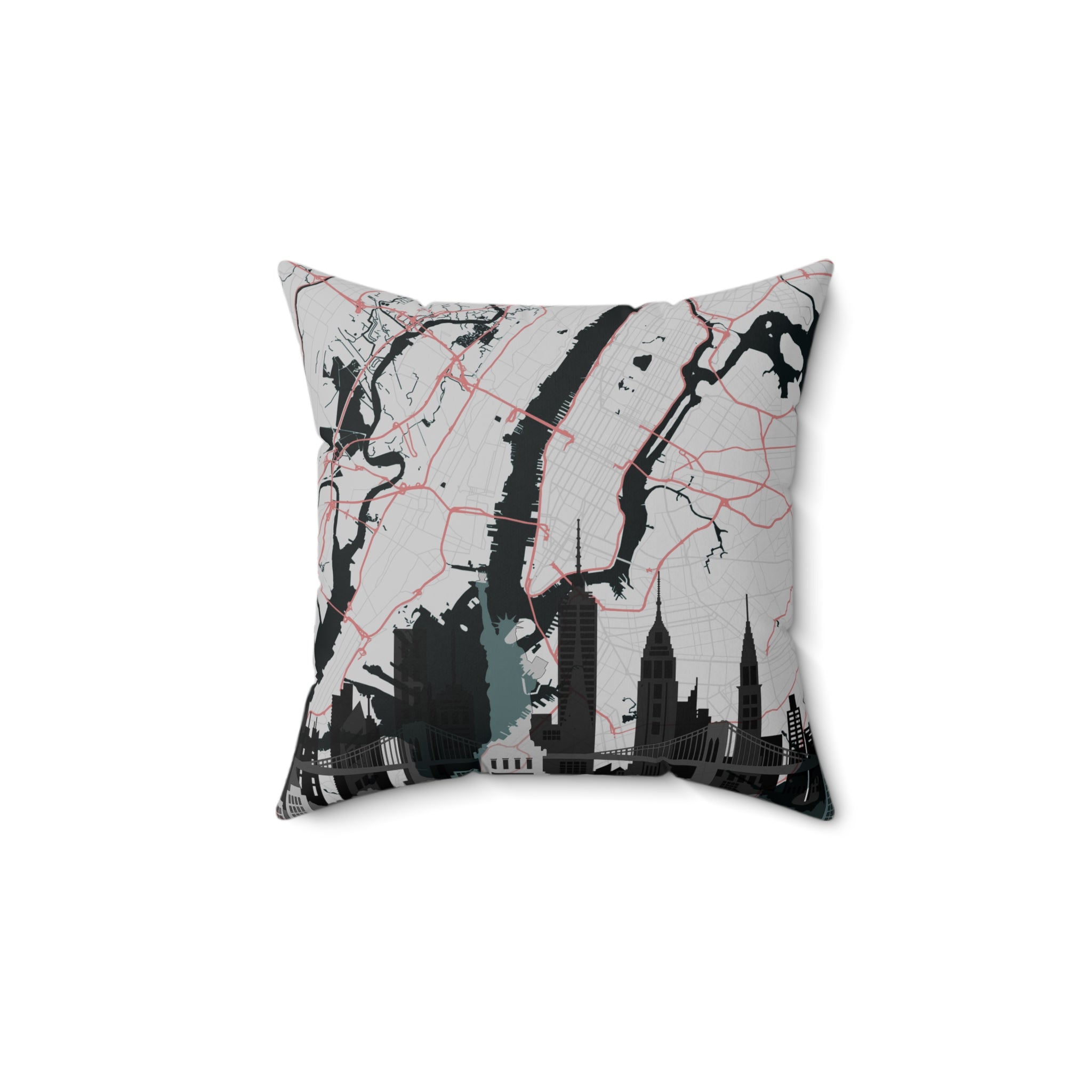 Manhattan skyline map cushion with dark buildings and red street lines on gray