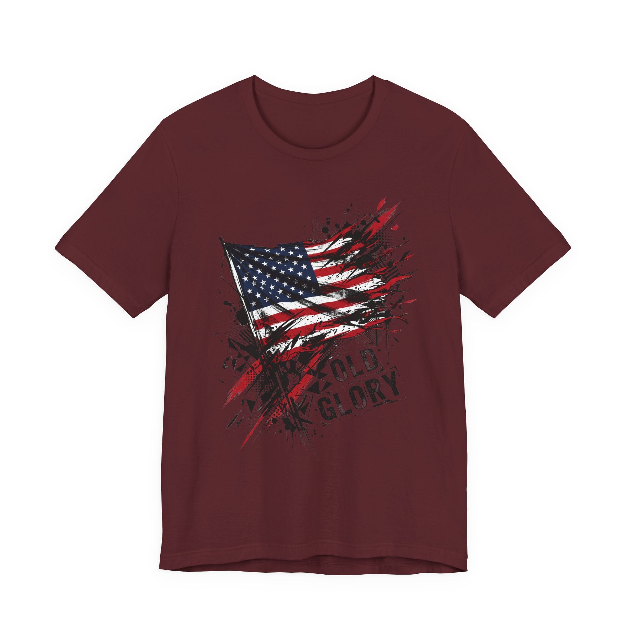 Distressed American flag t-shirt, dark red crew neck, splatter 'Old Glory' graphic.