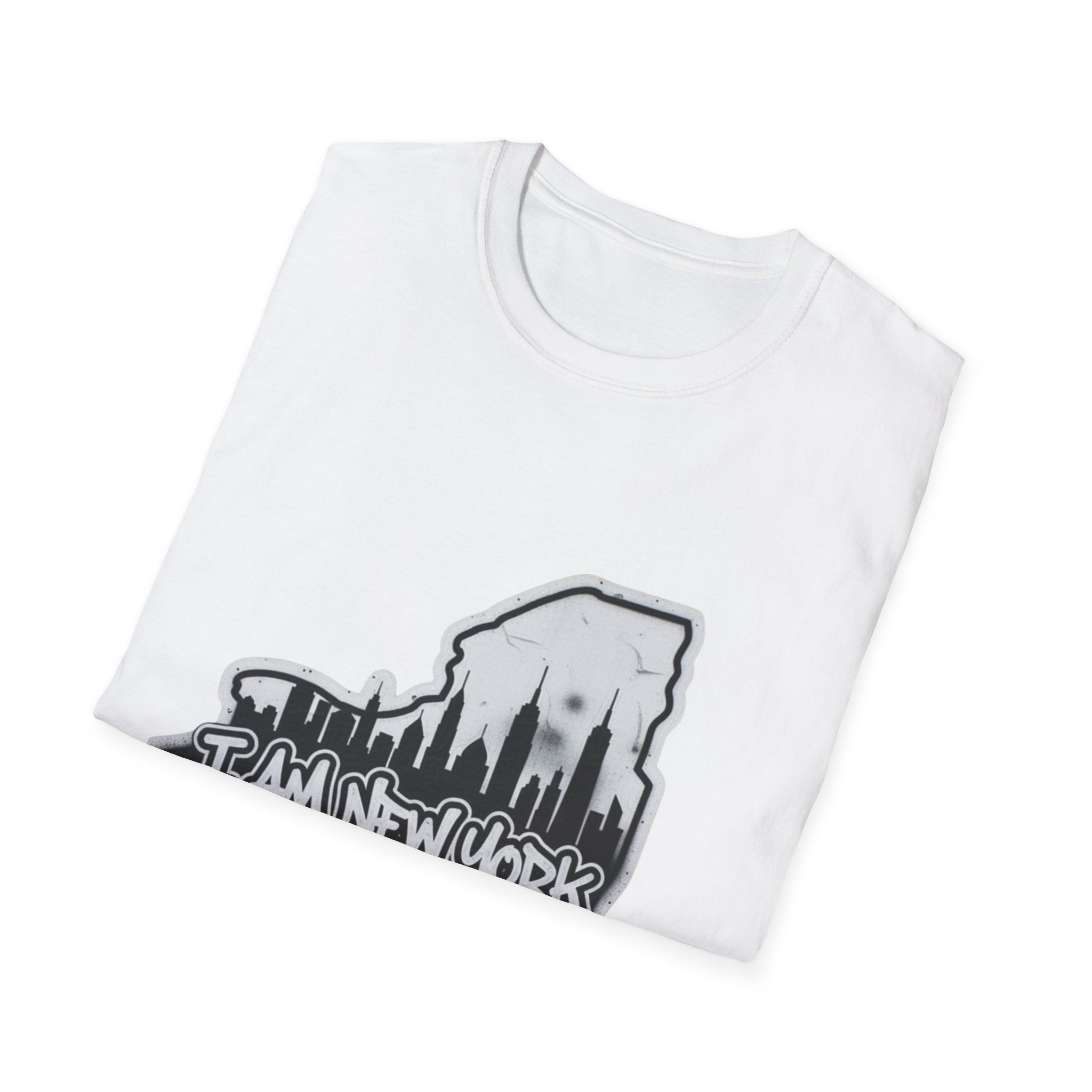White I AM NEW YORK graffiti T-shirt, angled view of skyline print