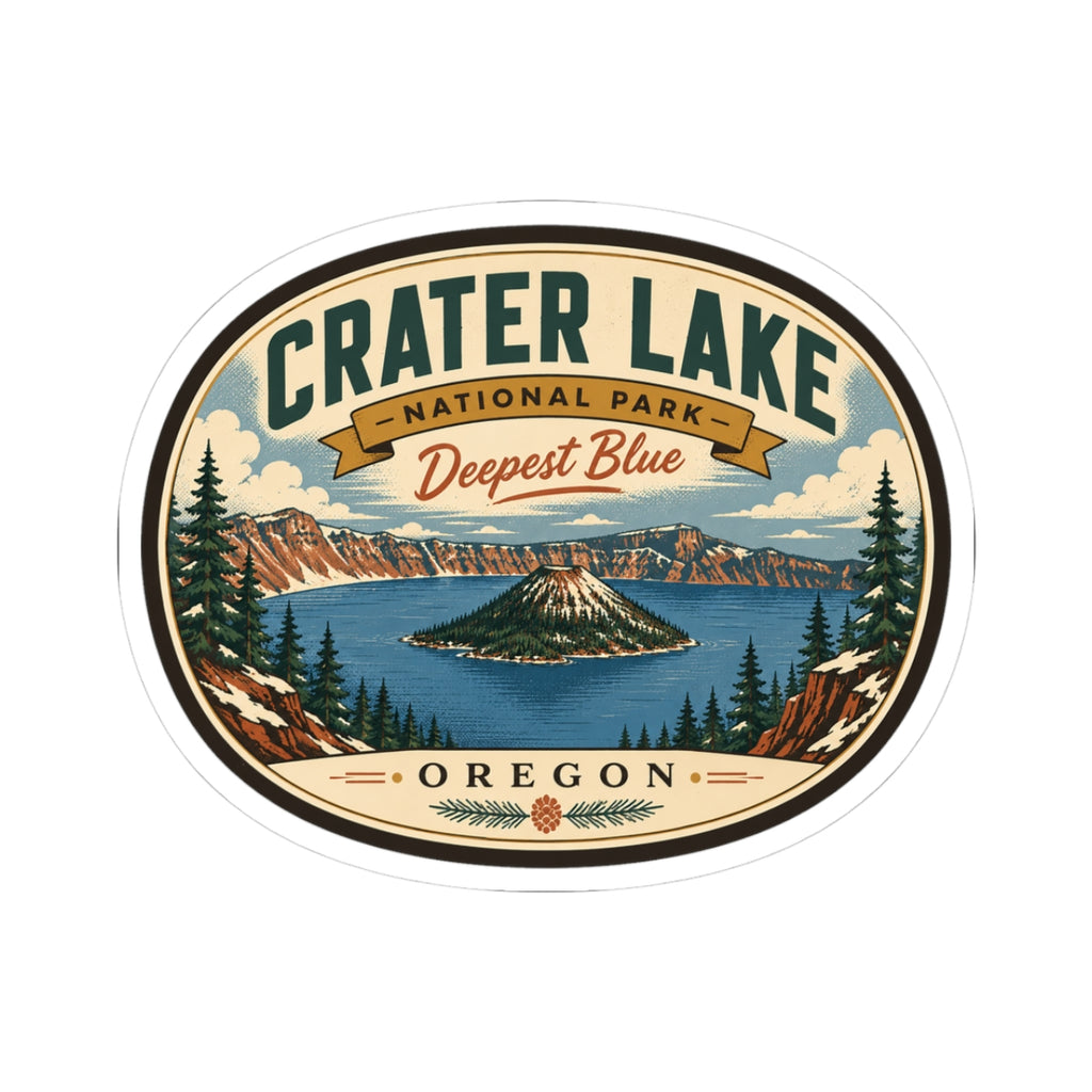 Round travel sticker showing Crater Lake scene with “Deepest Blue” and “Oregon” text.