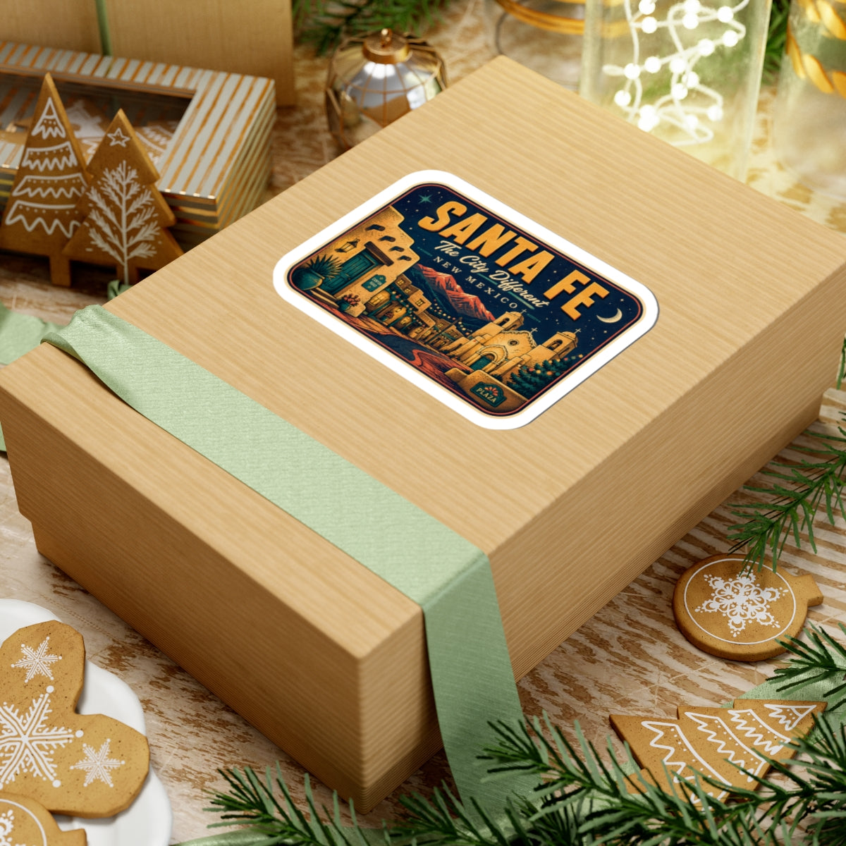 Santa Fe luggage tag sticker on a wrapped box, rectangular travel decal with “New Mexico” text.