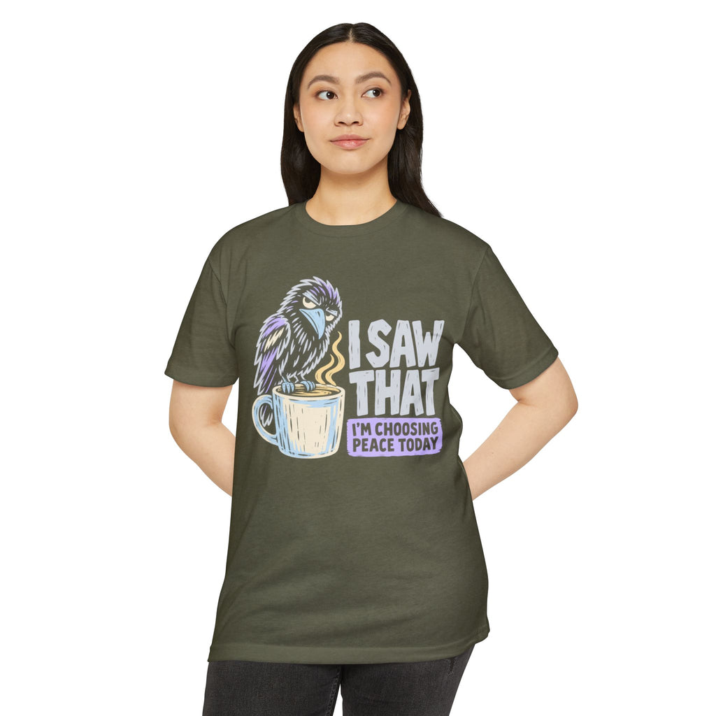 Olive green crewneck t-shirt with raven and coffee cup peace slogan graphic