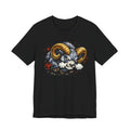 Black crew-neck T-shirt with angry ram graphic in gold, white, and red accents