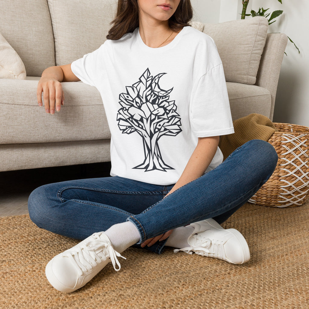 White t-shirt with black geometric moon tree graphic on the front chest.