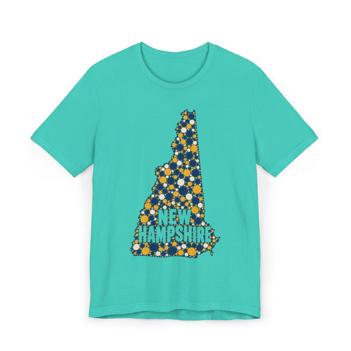 Teal New Hampshire graphic T-shirt with floral dotted state outline and “NEW HAMPSHIRE” text