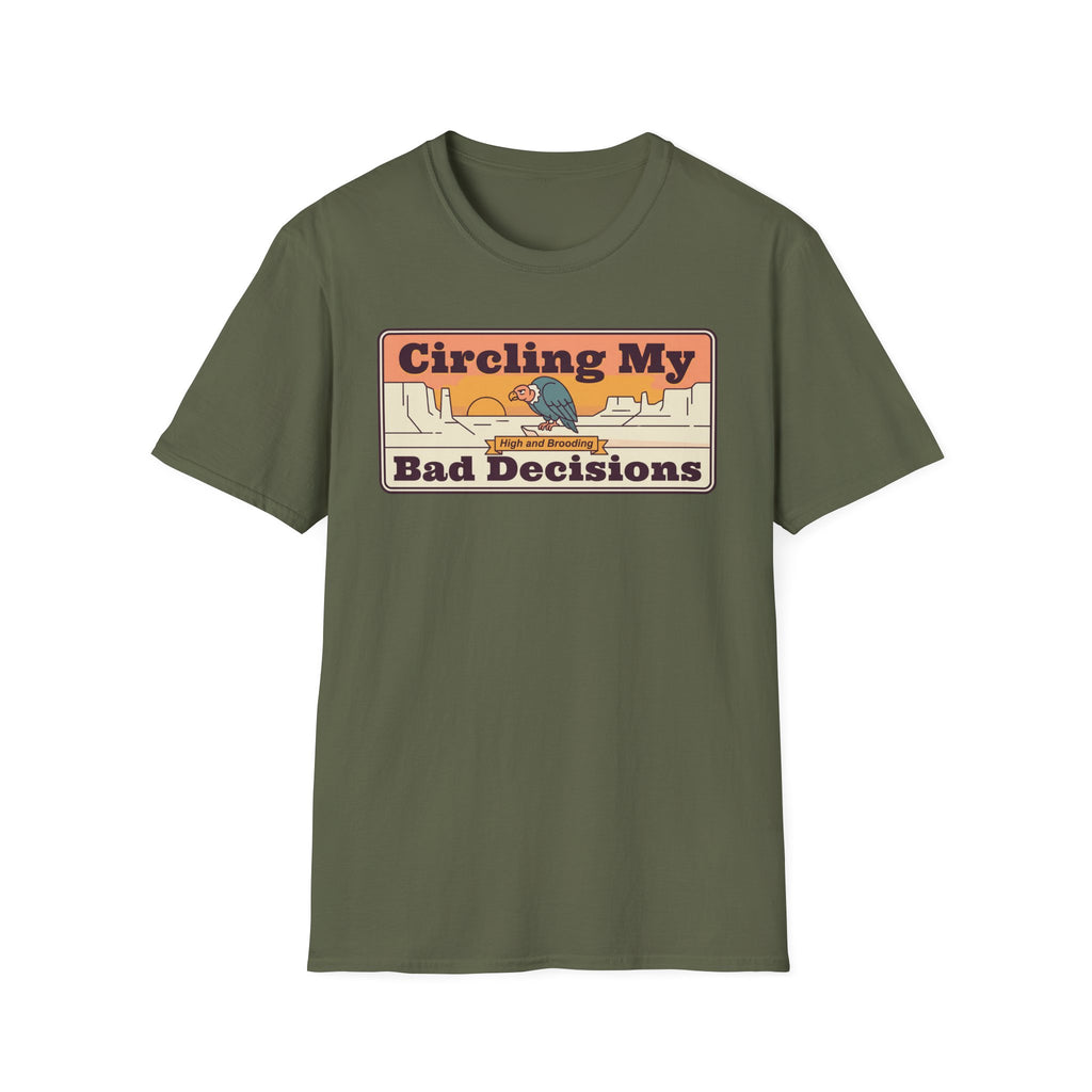 Olive green crewneck t-shirt with “Circling My Bad Decisions” retro graphic on front