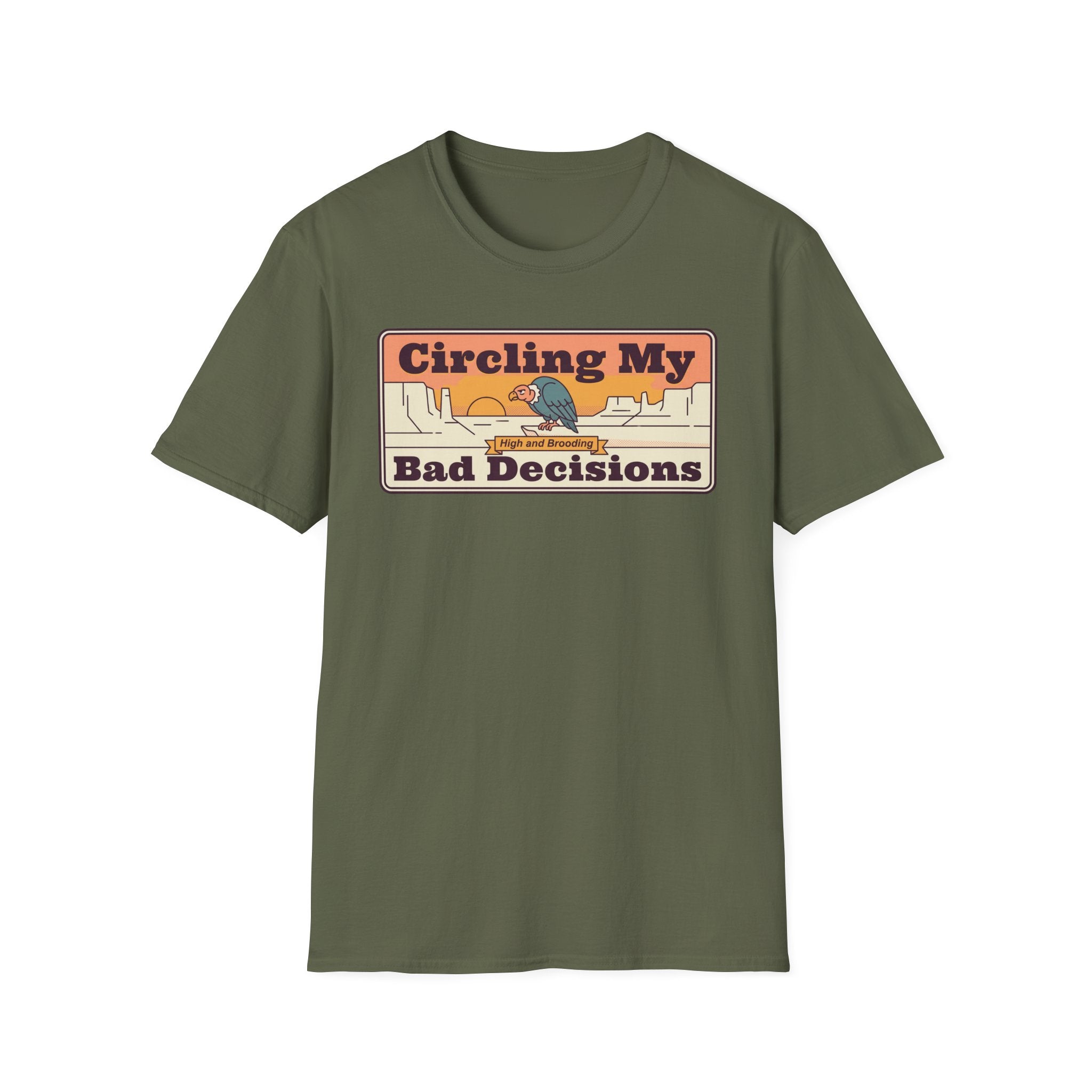 Olive green crewneck t-shirt with “Circling My Bad Decisions” retro graphic on front
