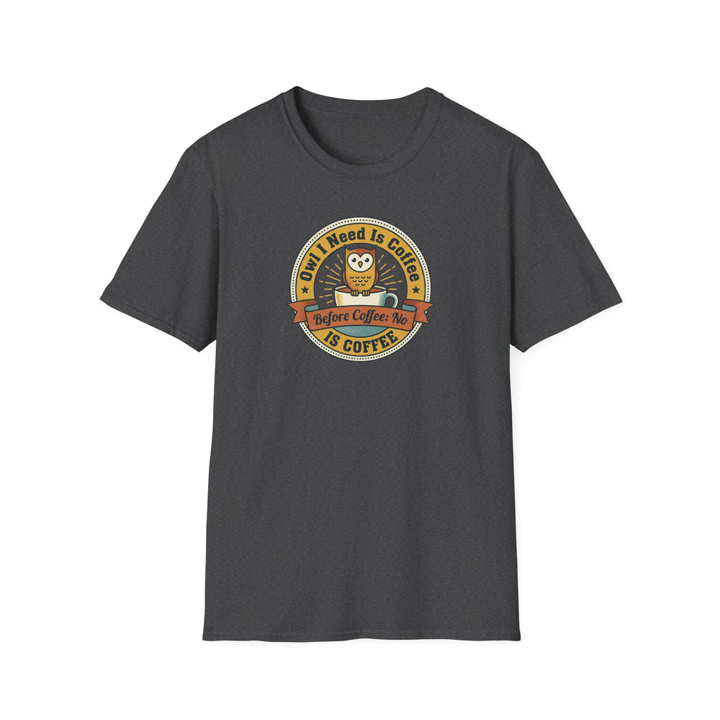 Dark gray crewneck T-shirt with coffee owl badge graphic on front