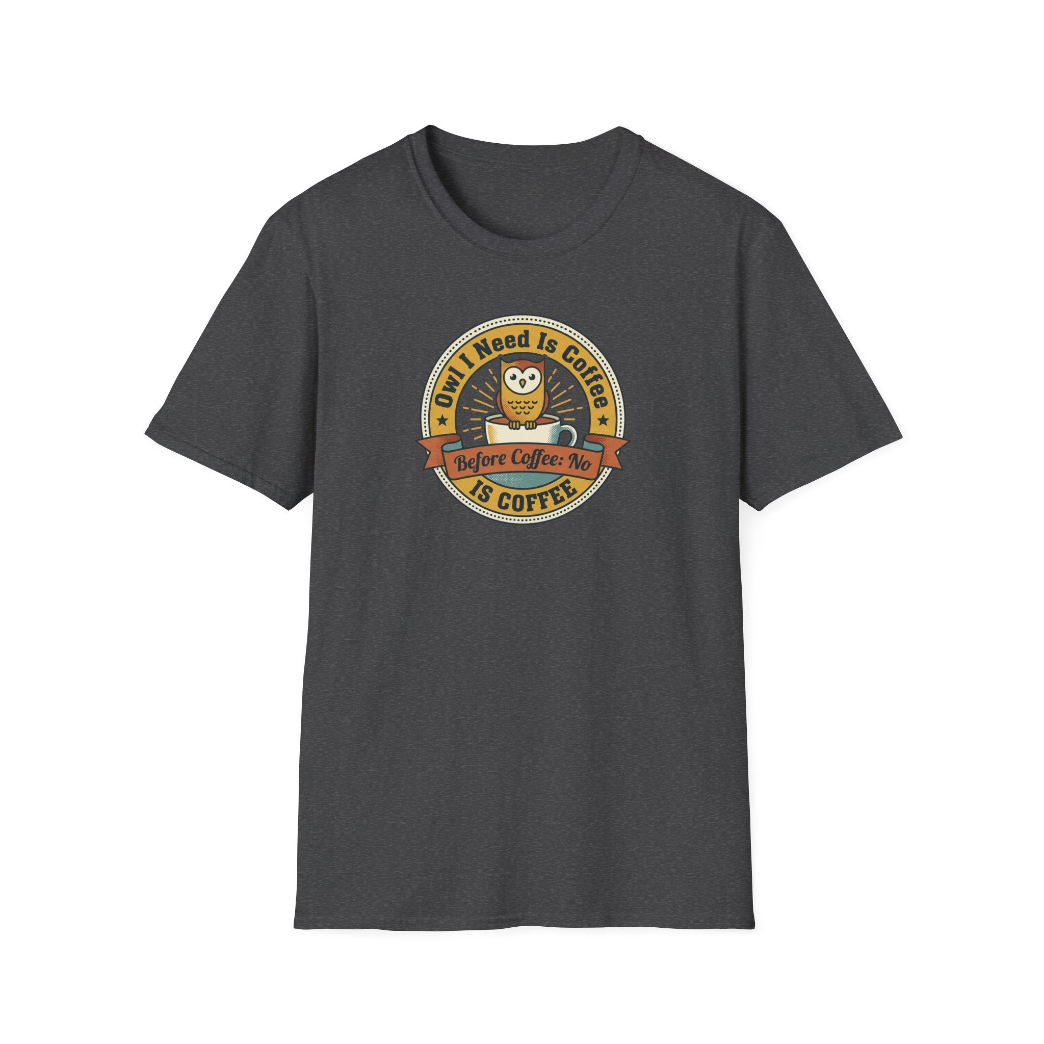 Dark gray crewneck T-shirt with coffee owl badge graphic on front