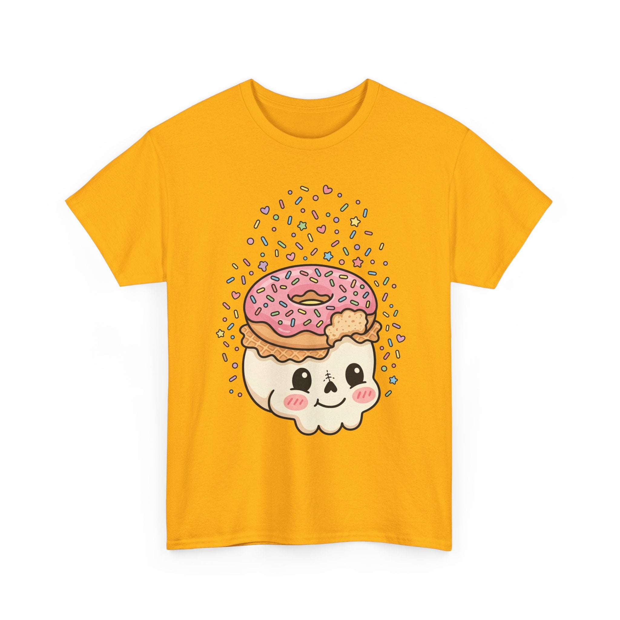 Cute Donut Skull T-Shirt, orange front with donut-sugar skull graphic