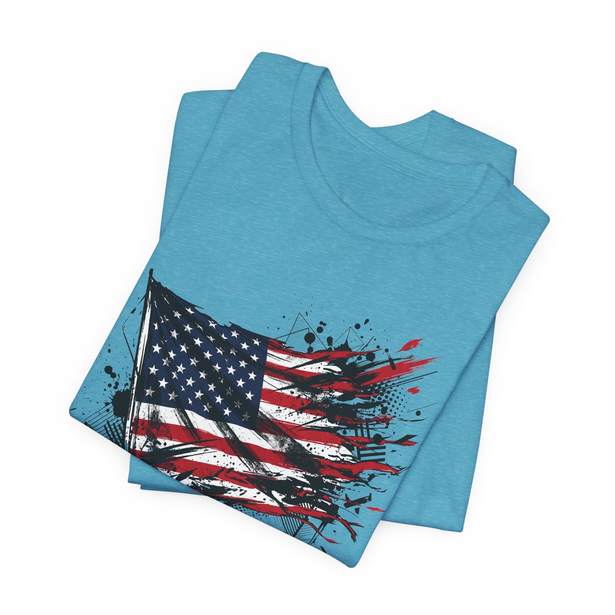 Light teal distressed American flag graphic t-shirt, short sleeves, crew neck