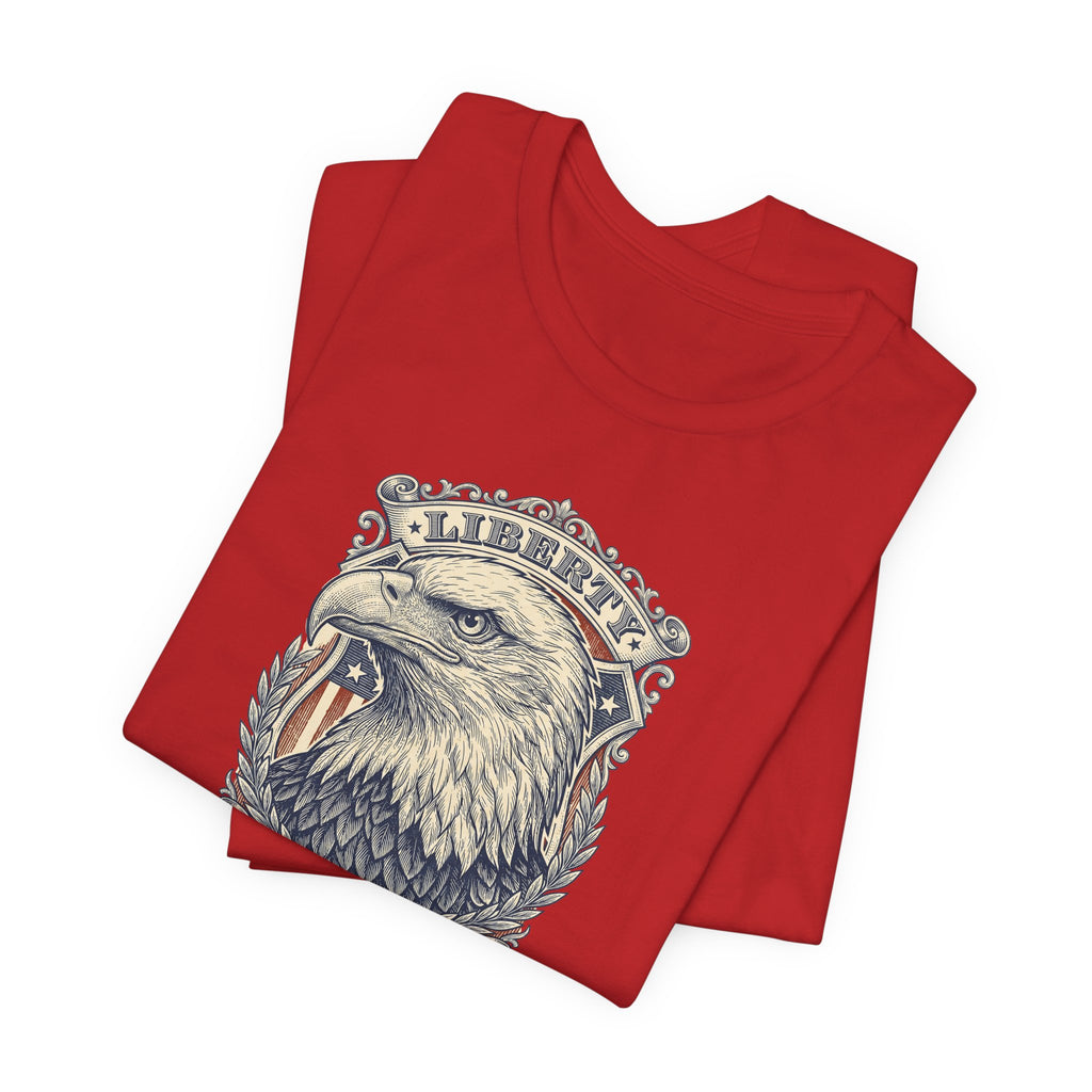 Red T-shirt with large eagle head graphic and laurel wreath on the chest