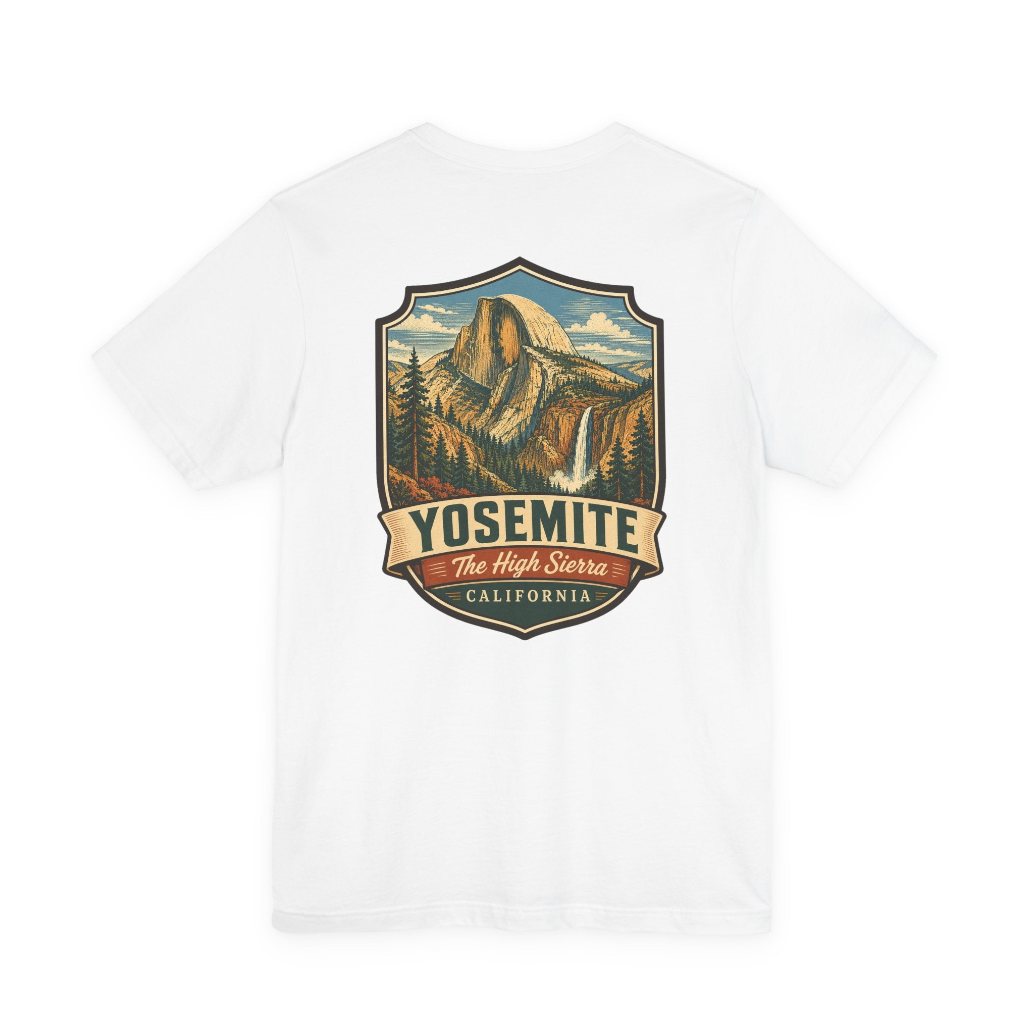 White Yosemite graphic T-shirt with mountain shield logo and “The High Sierra”