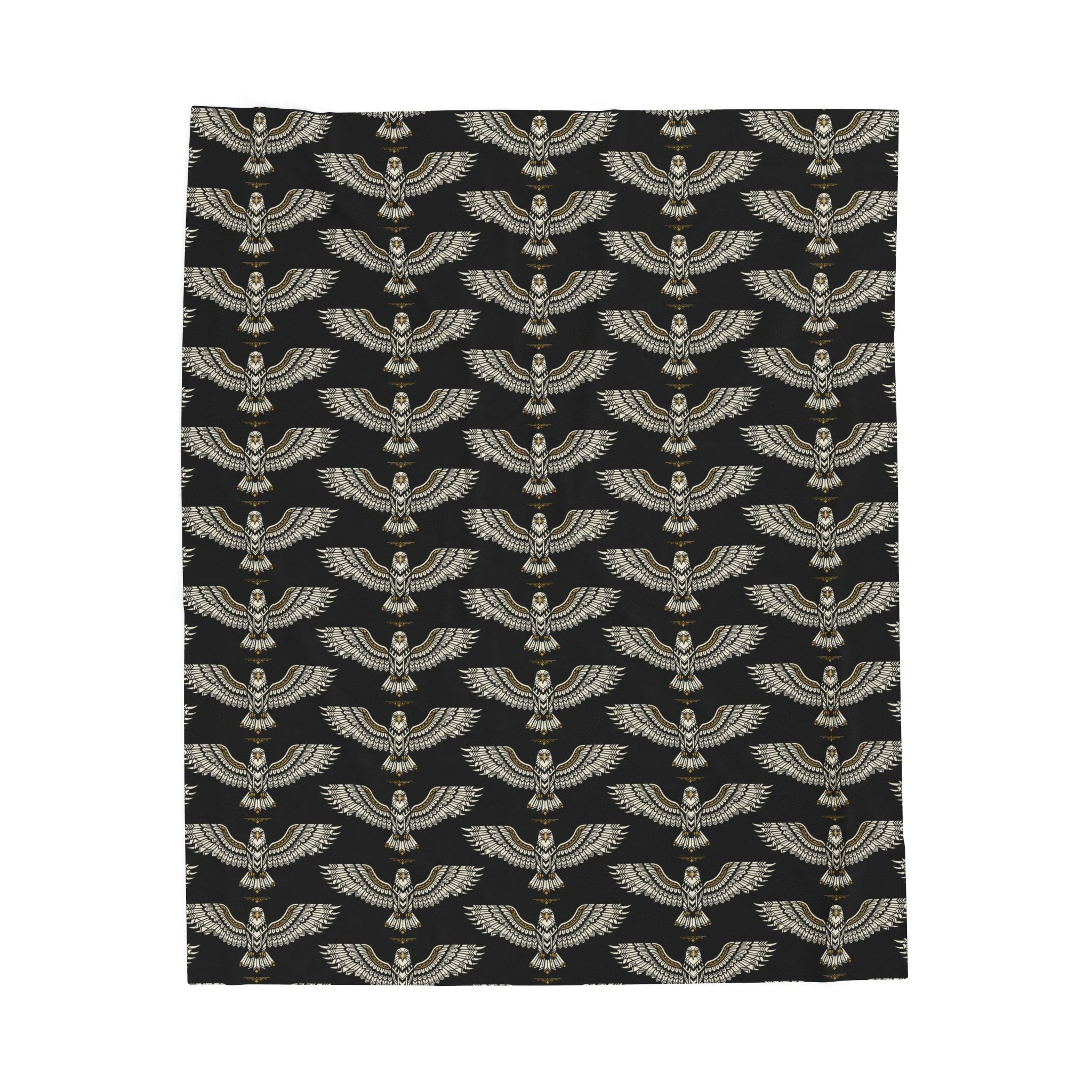 Velveteen plush blanket with winged skull pattern, dark base and gold accents