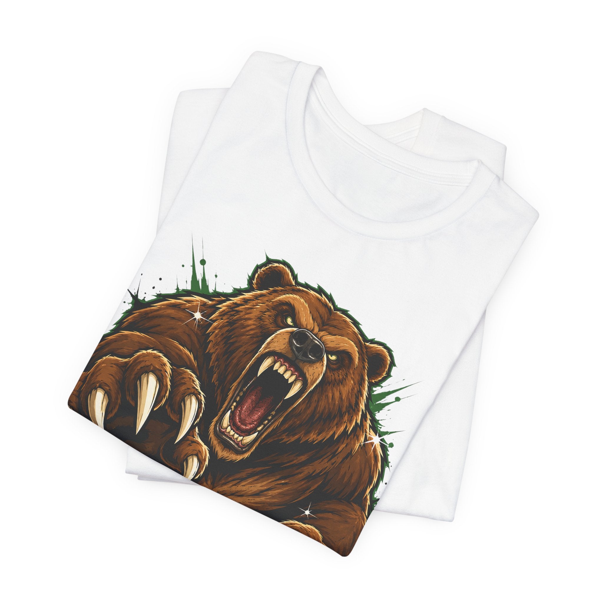 White unisex tee with roaring grizzly bear face graphic