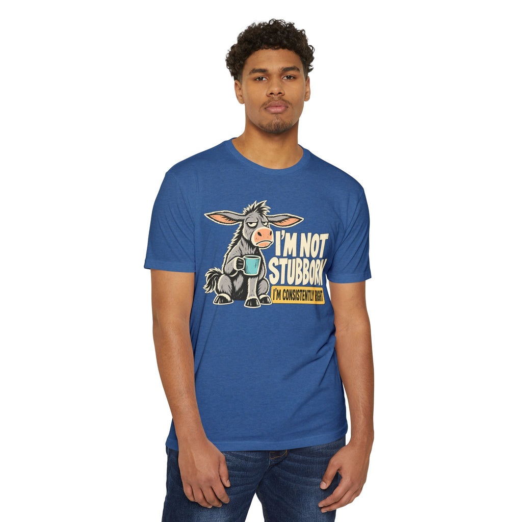 Blue crew-neck T-shirt with cartoon donkey coffee graphic on the front