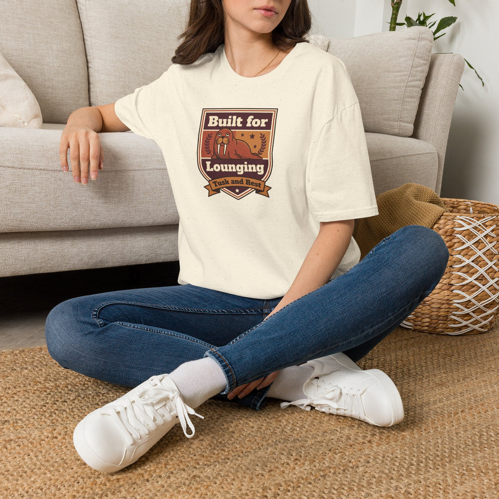 Natural off-white short-sleeve T-shirt with walrus badge graphic on chest
