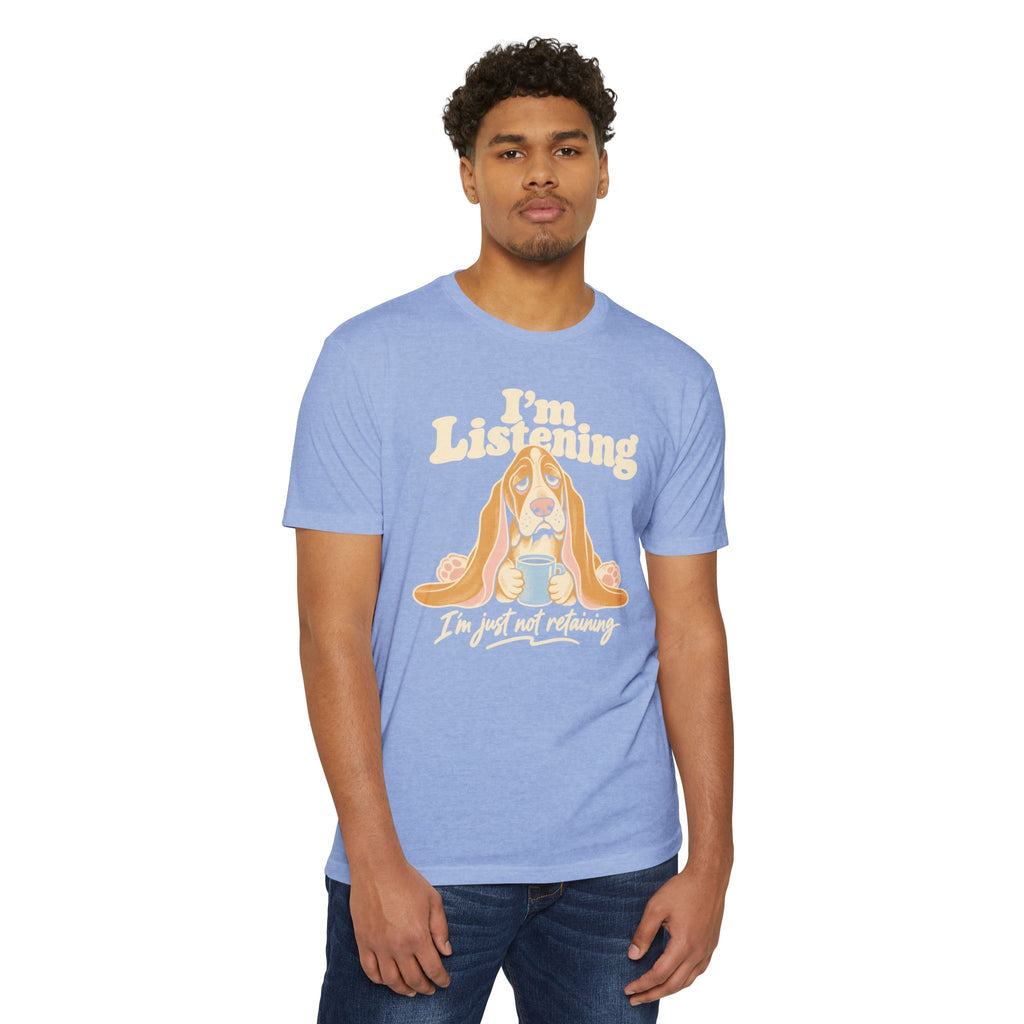 Light blue short-sleeve T-shirt with basset hound listening graphic and text print