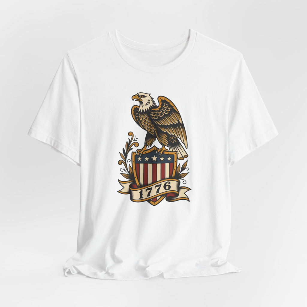 White graphic T-shirt, crew neck; front shows full eagle and 1776 shield emblem.