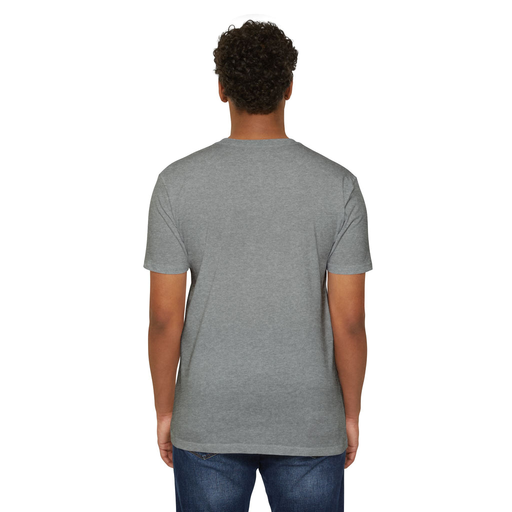 Grey crewneck t-shirt with short sleeves, plain back.
