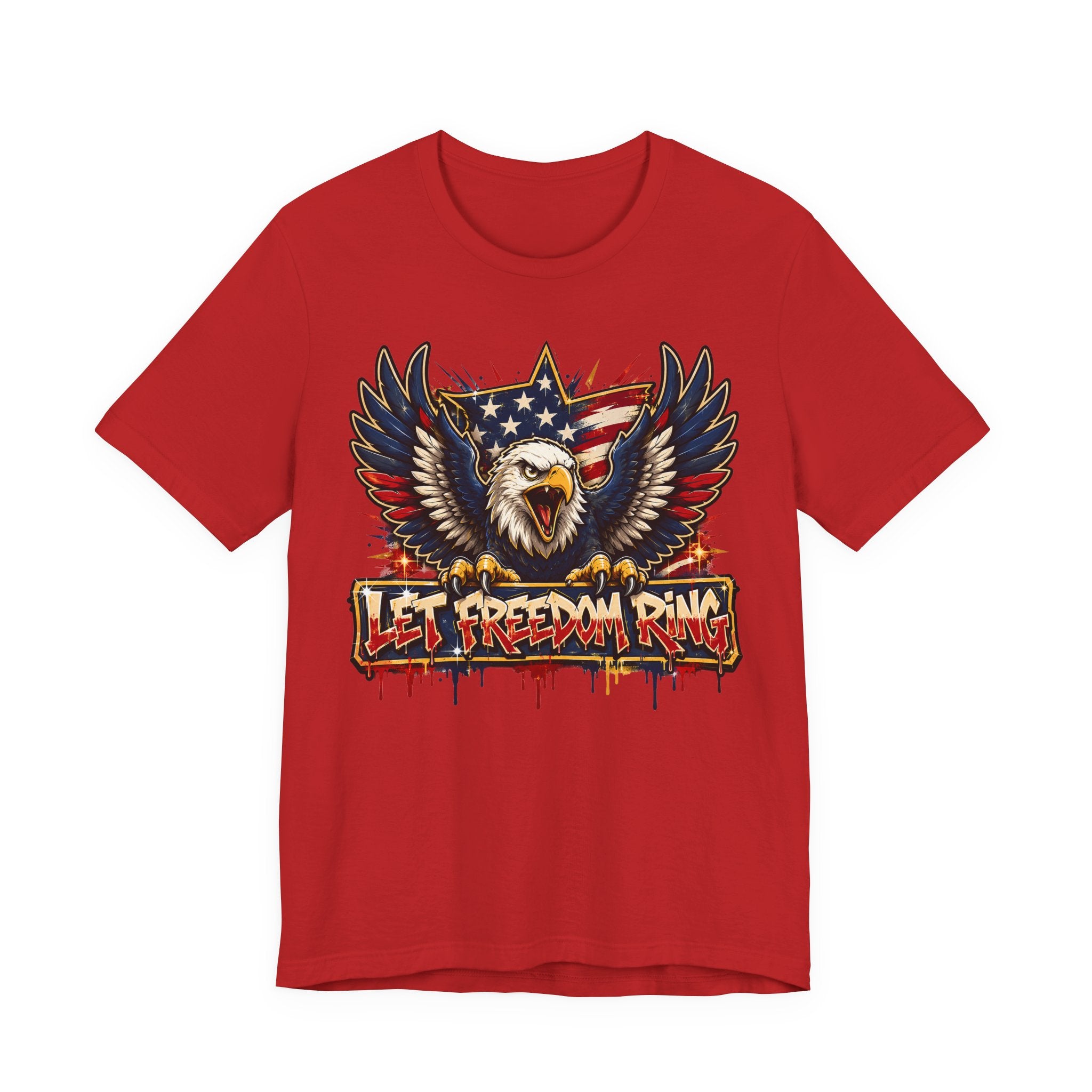 Red t-shirt with bald eagle wings graphic and “Let Freedom Ring” text