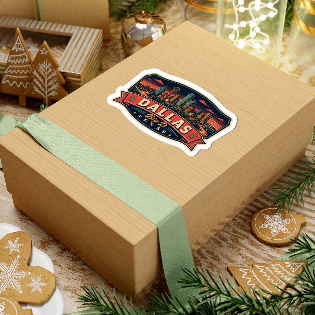 Dallas luggage tag sticker on wrapped gift box, skyline badge with Big D Texas