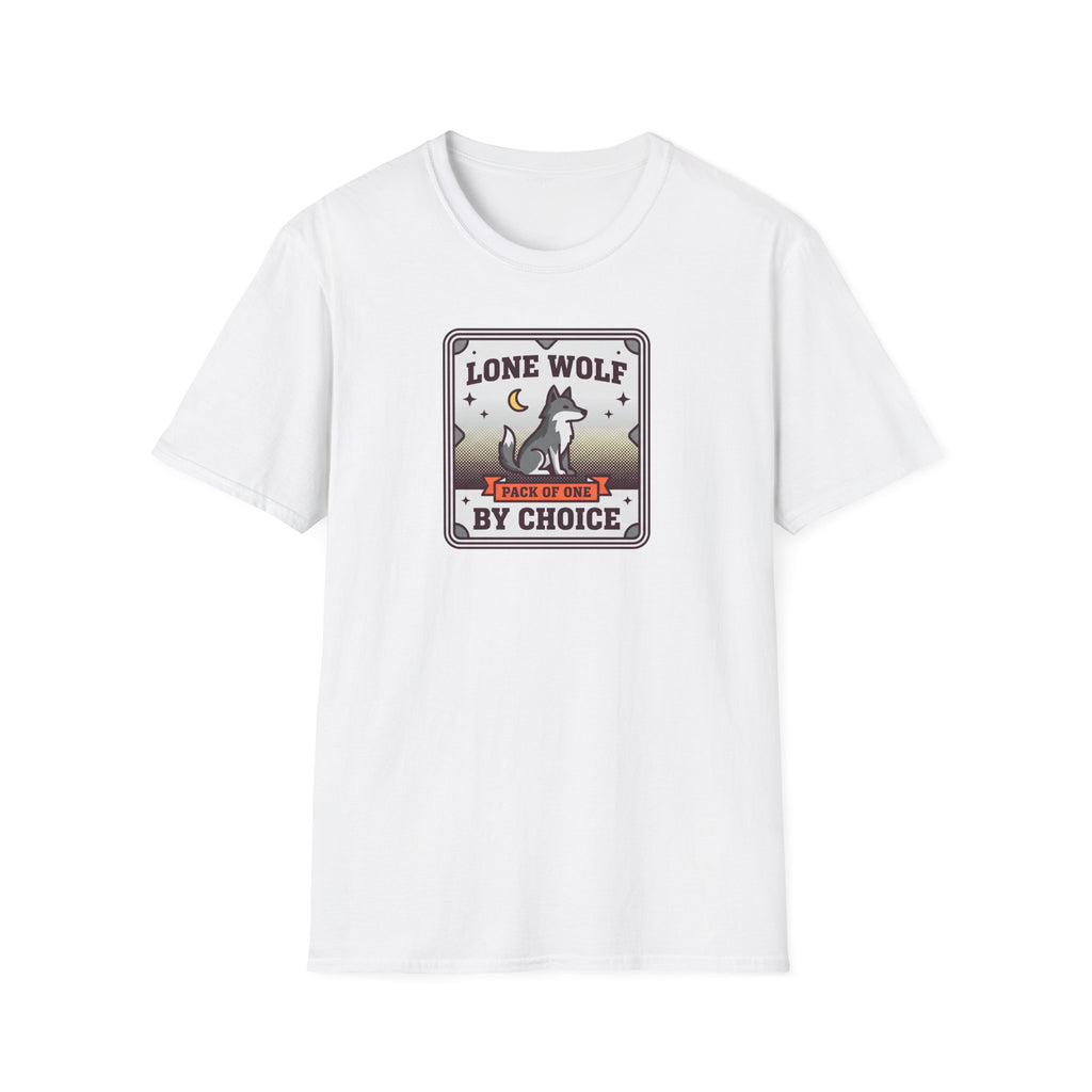White crewneck T-shirt with lone wolf badge graphic, front view