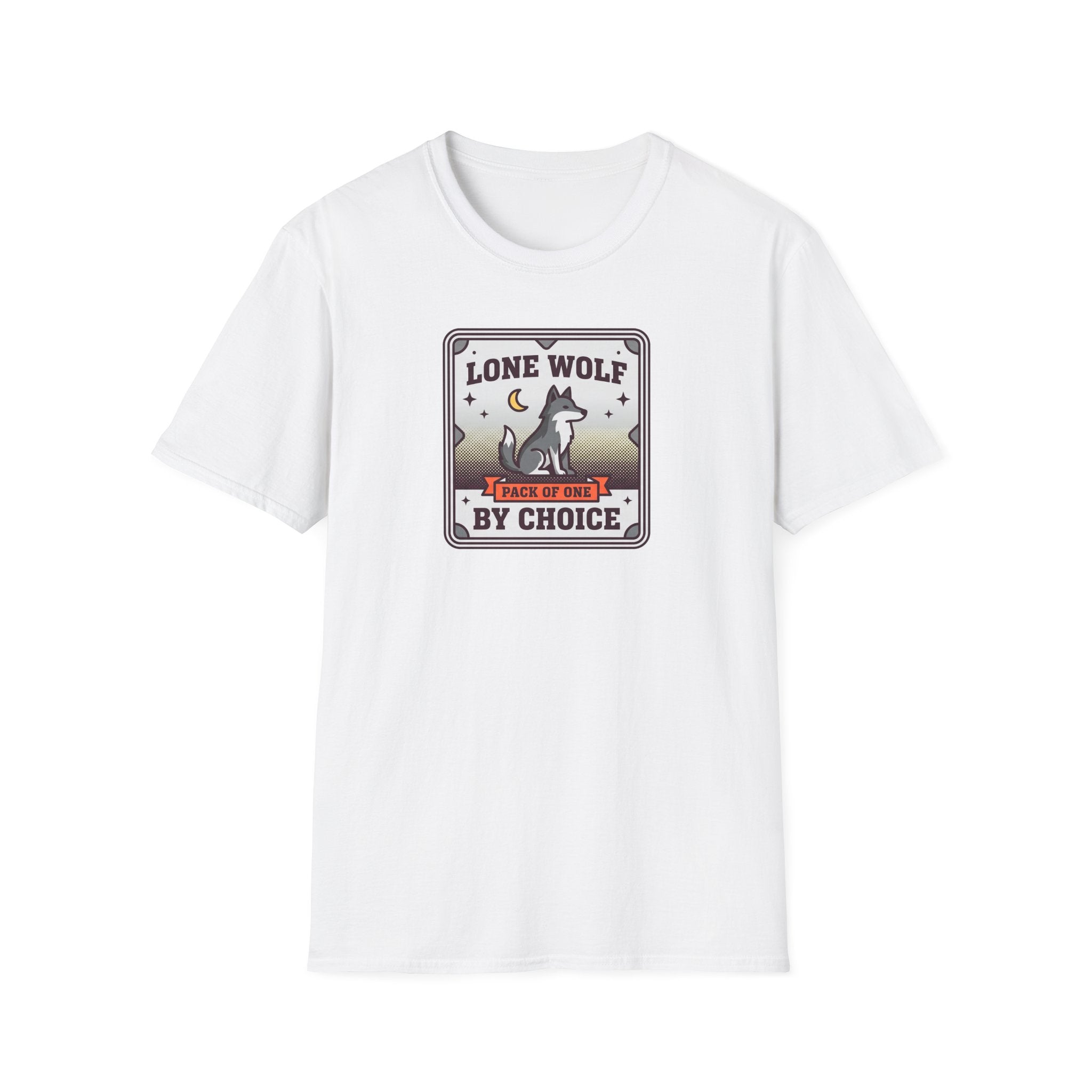 White crewneck T-shirt with lone wolf badge graphic, front view