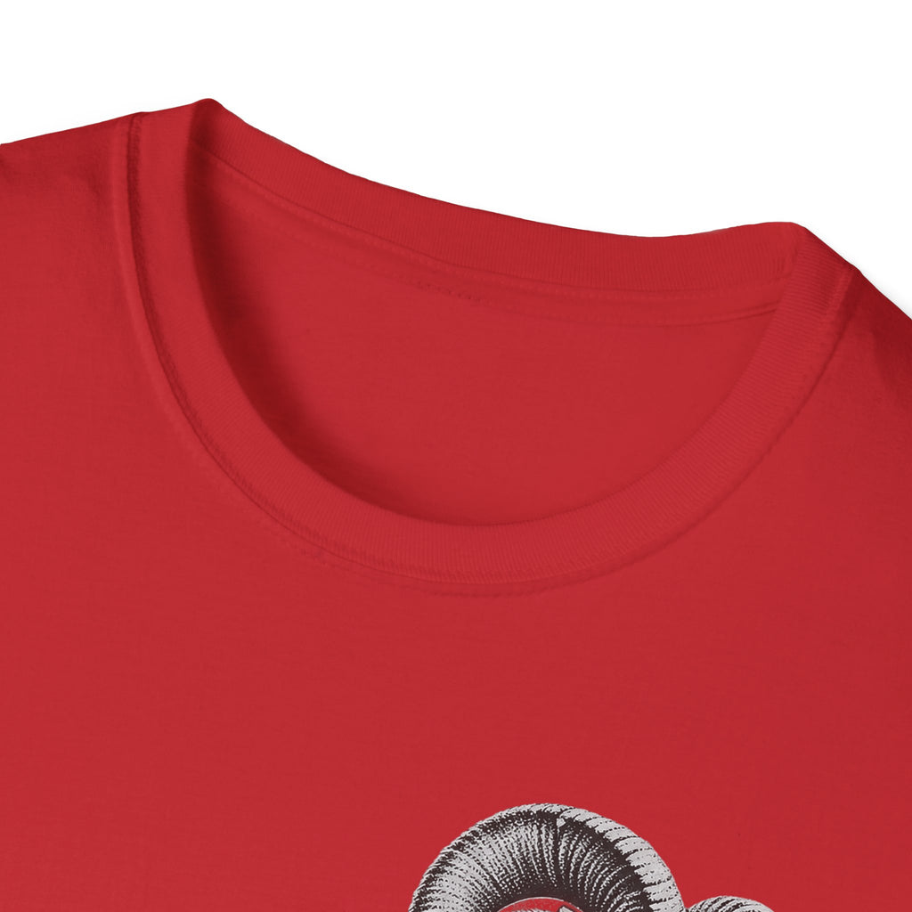 Red crewneck t-shirt with partial bighorn sheep graphic near chest