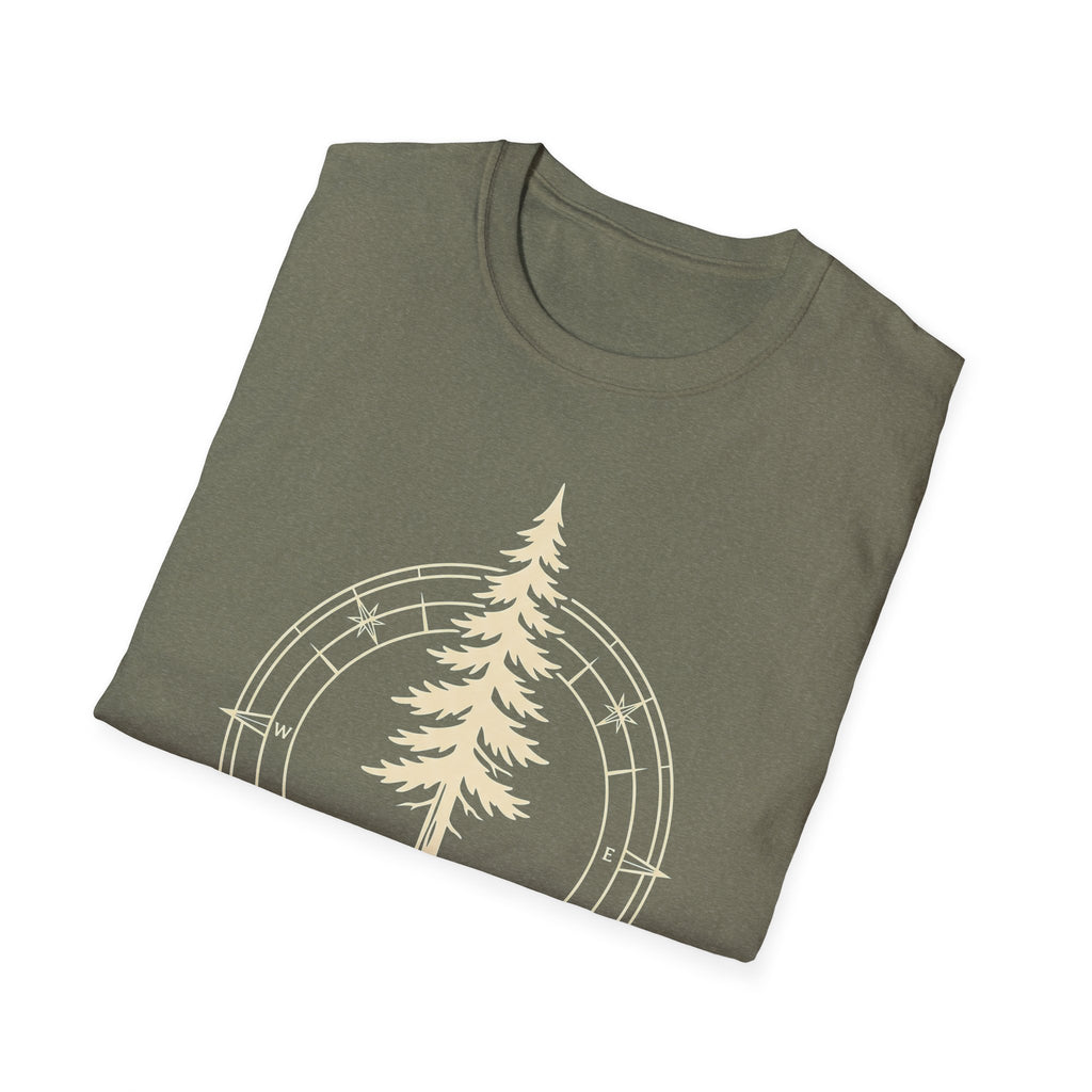 Olive t-shirt with compass-and-pine-tree graphic print on the front