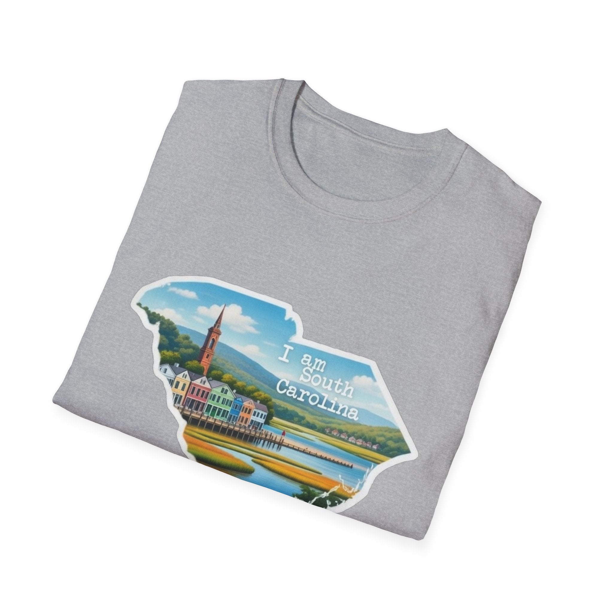 South Carolina skyline T-shirt, Sport Grey; full state lighthouse scene with text.