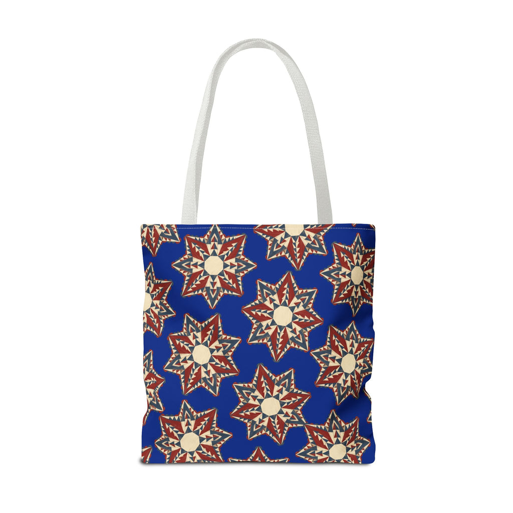 Blue starburst floral tote bag with white handles, square top-opening design