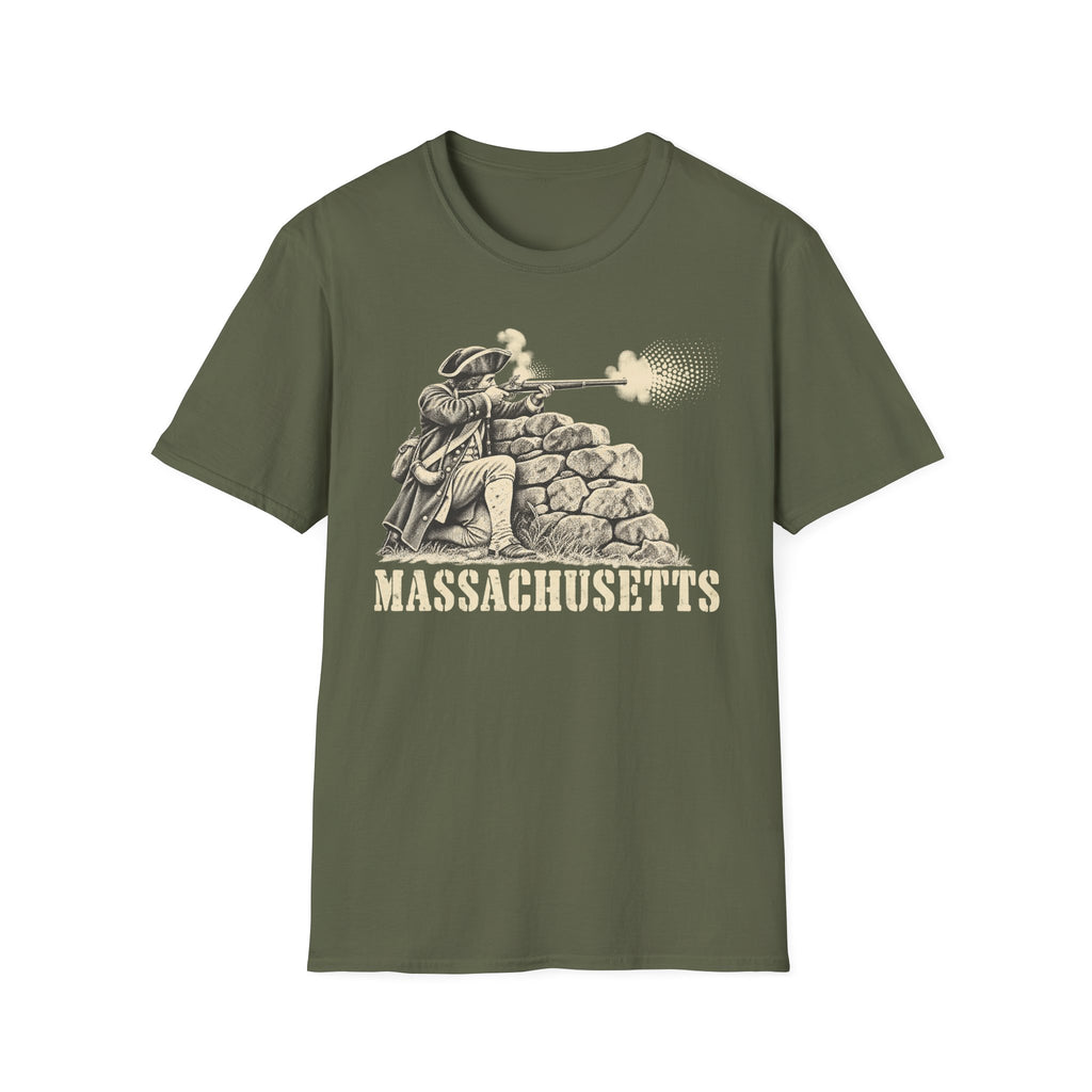Military green T-shirt with colonial patriot graphic behind stone wall and “Massachusetts”