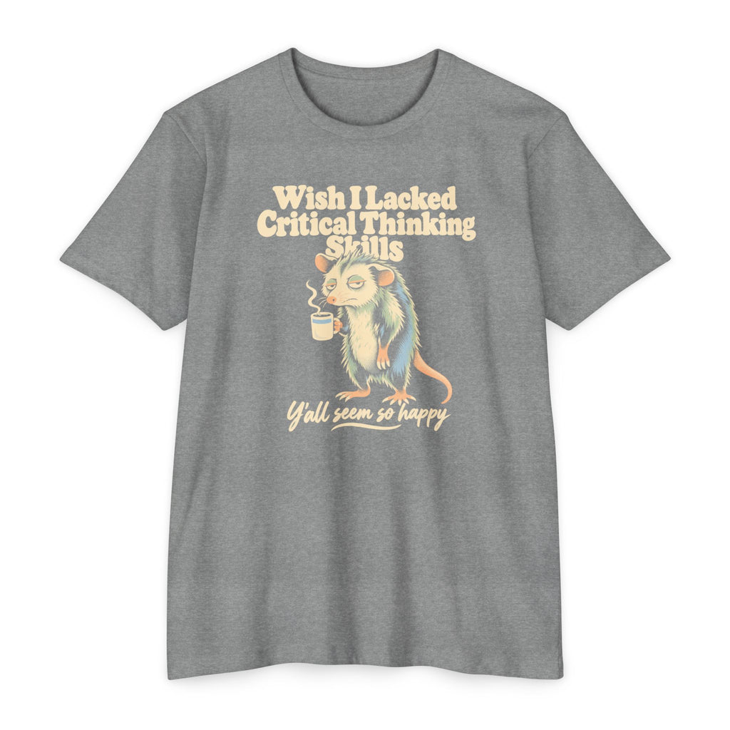 Heather gray t-shirt with cartoon opossum holding a coffee cup graphic and slogan