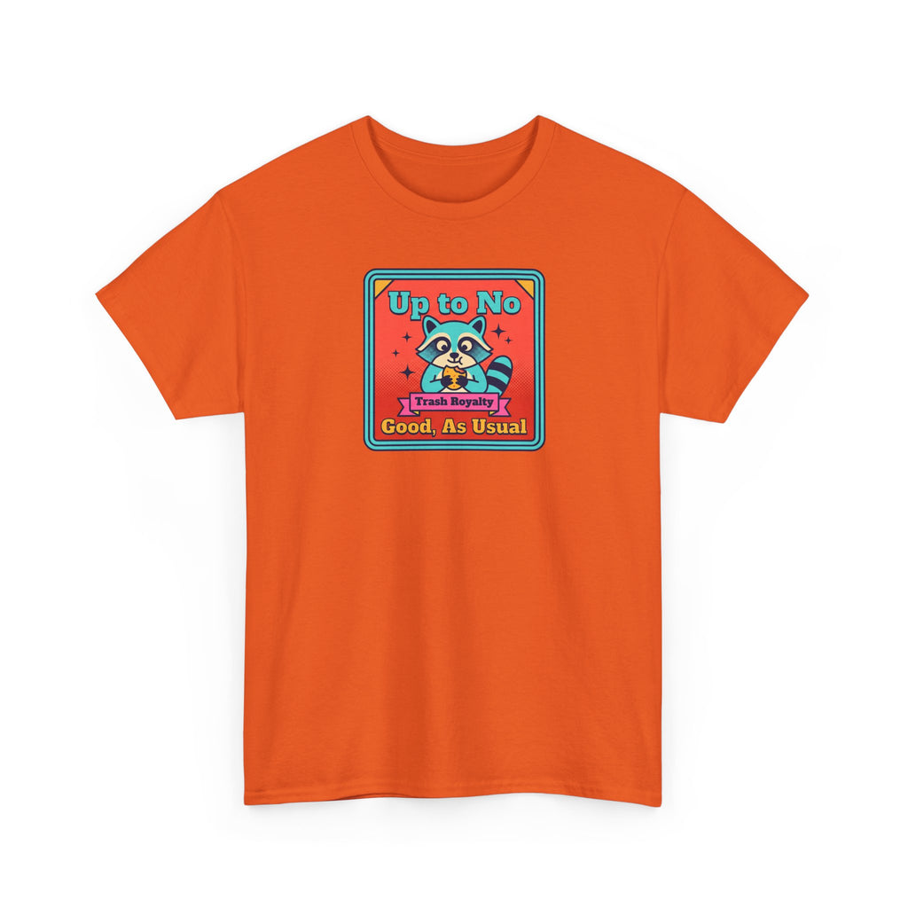 Orange T-shirt with centered cartoon raccoon graphic and text label