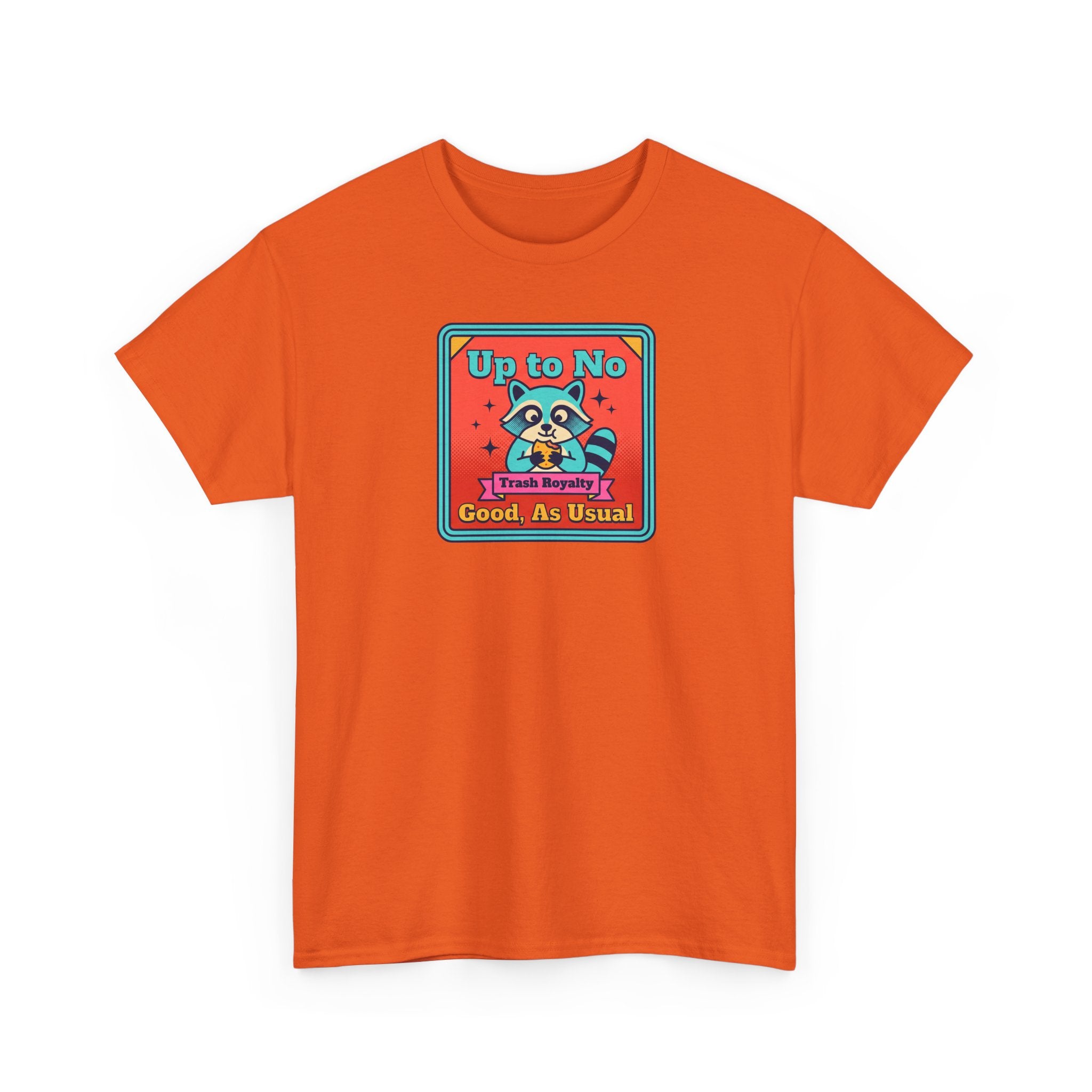 Orange T-shirt with centered cartoon raccoon graphic and text label
