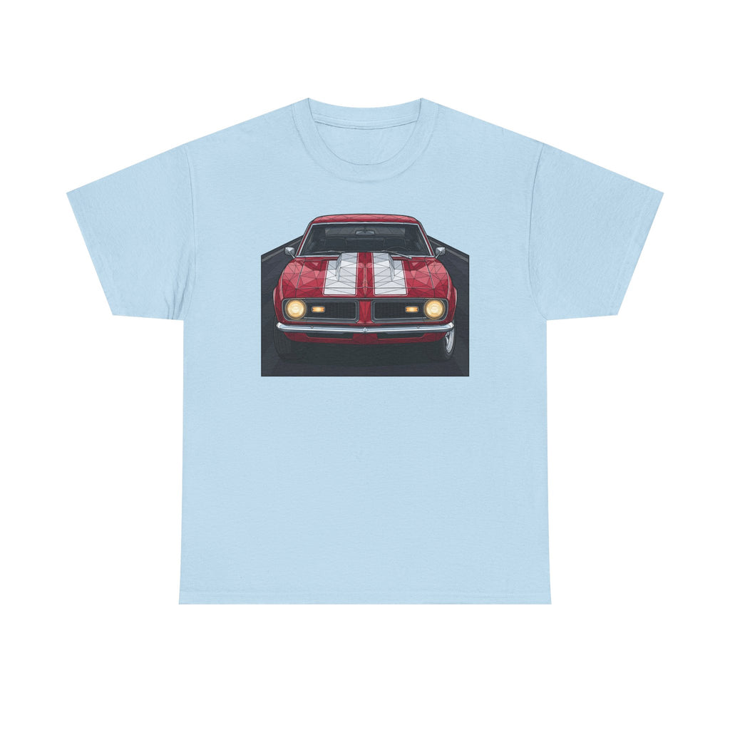 Light blue vintage muscle car graphic T-shirt with front view red car illustration