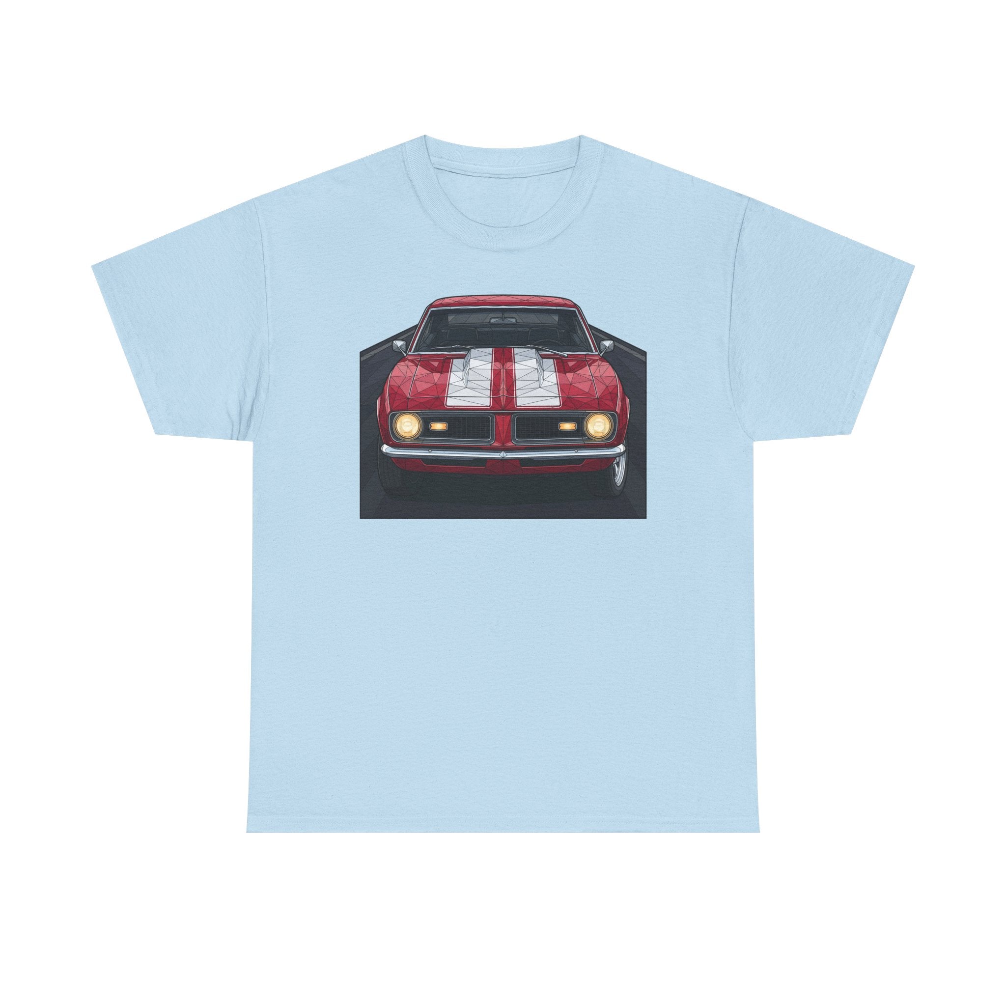 Light blue vintage muscle car graphic T-shirt with front view red car illustration
