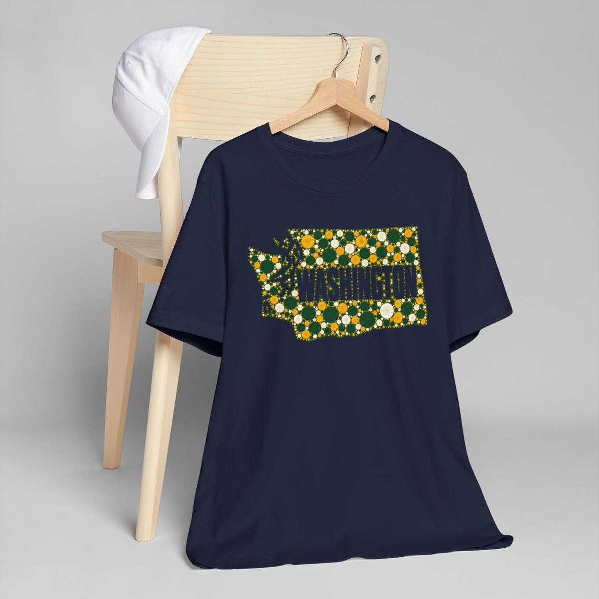 Navy short-sleeve T-shirt with green-and-gold Washington state graphic