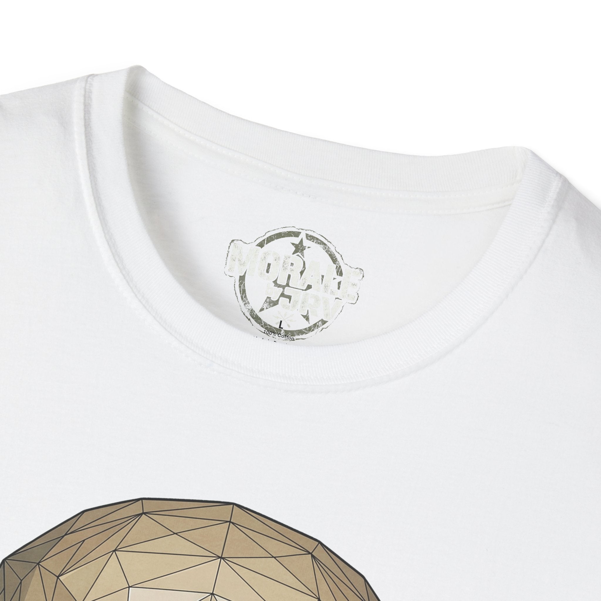 White T-shirt neckline with small circular back logo; geometric skull graphic edge below